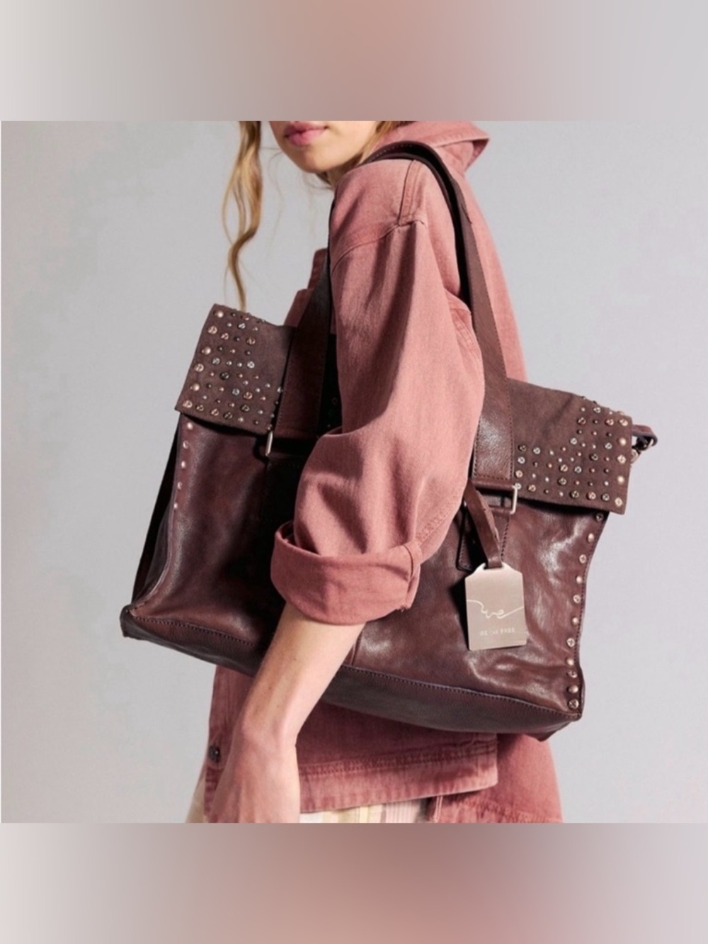 NWT FREE PEOPLE We The Free Shay Stud Tote Handbag Bag Studded Espresso Brown - Picture 7 of 13